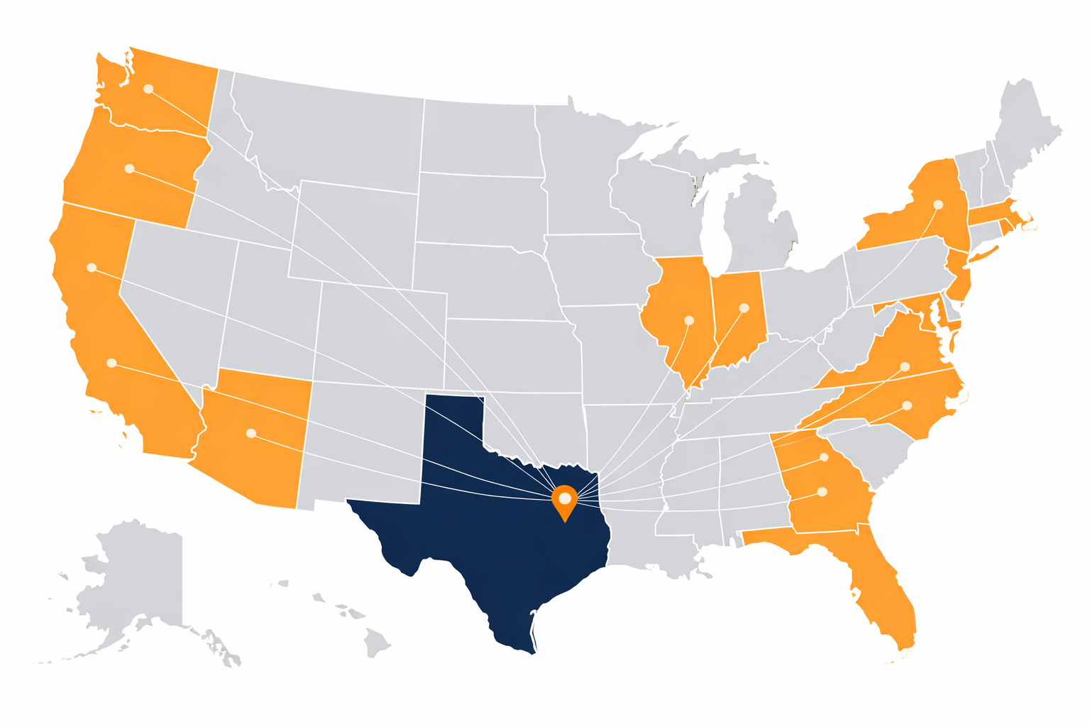Map of the United States highlighting 18 states where Aleman Remodeling and Construction has completed projects, with Texas headquarters marked